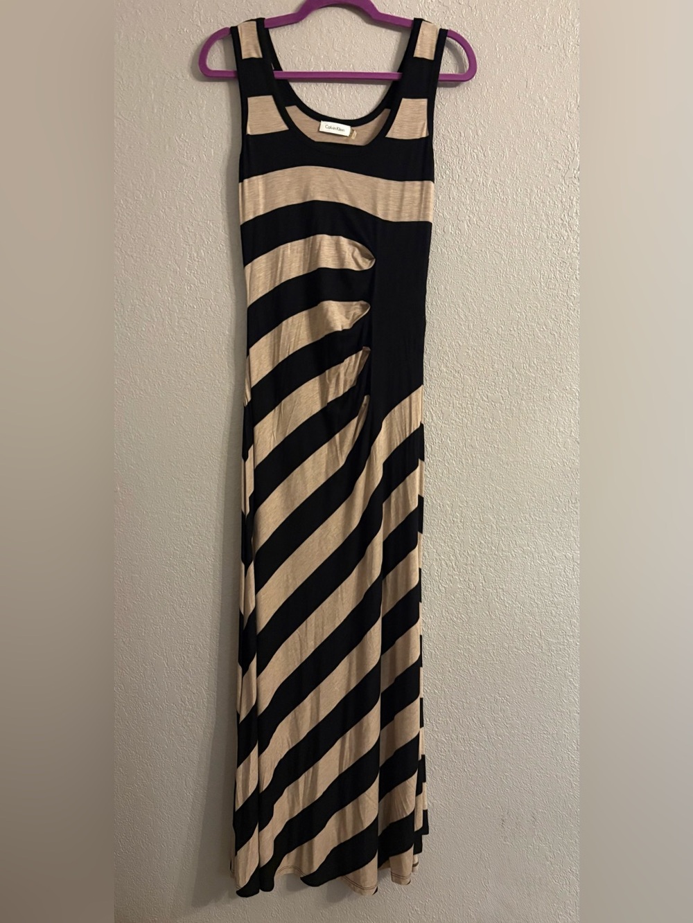 Calvin Klein Black and Beige Stripe Maxi Dress